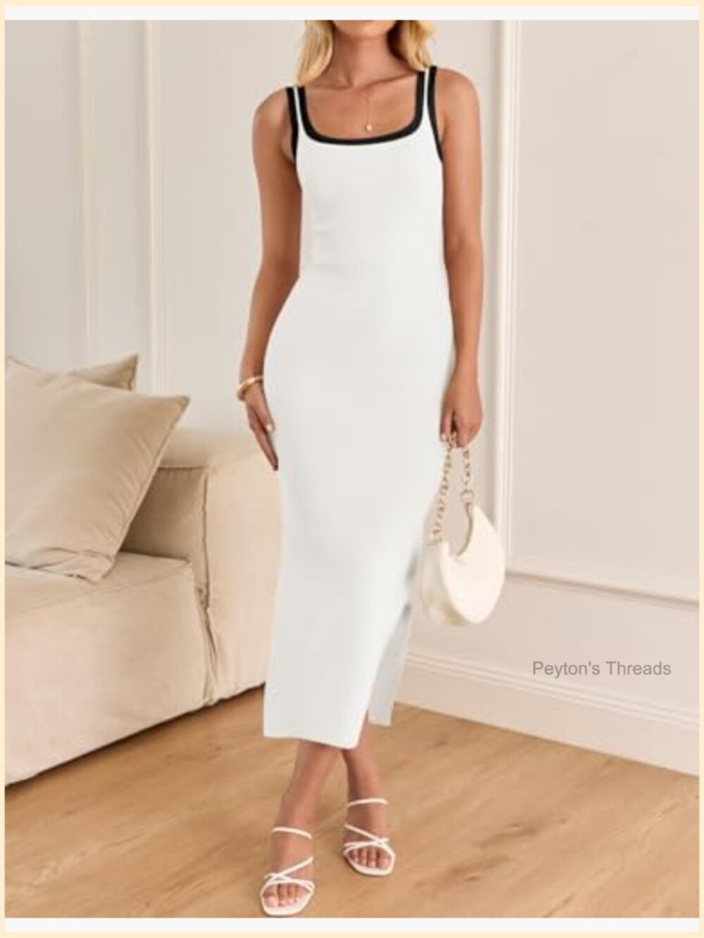 Sleeveless Square Neck Side Slit Knit Bodycon Midi Dress Summer Vacation Beach - Picture 4 of 7